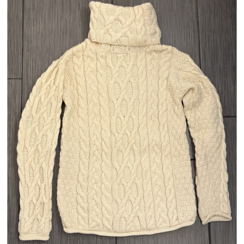 Aran Crafts Turtleneck Cable Knit Sweater Medium 100% Merino Wool Ivory Ireland